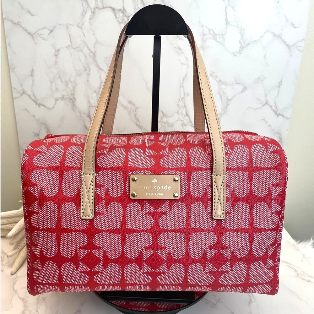 Kate Spade Red & White Spade Clover Satchel Coated Canvas Leather Trim EUC